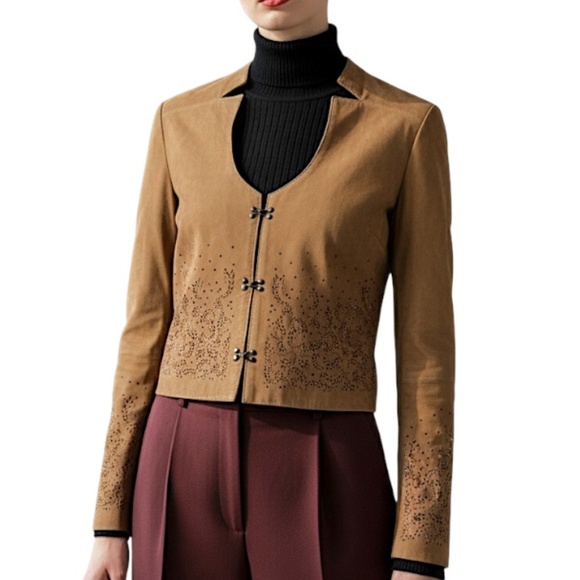 Lamarque genuine suede cognac brown laser cut boho cropped fitted jacket XS - Picture 3 of 15